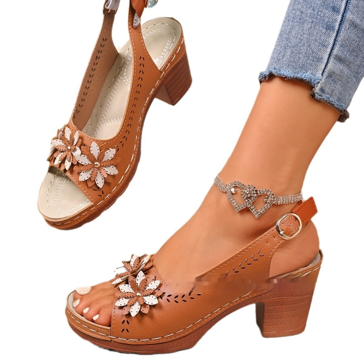 Women's Summer Shoes with Heels ⎜ Comfortable Sandals with Floral Embellishment and Adjustable Heel Strap