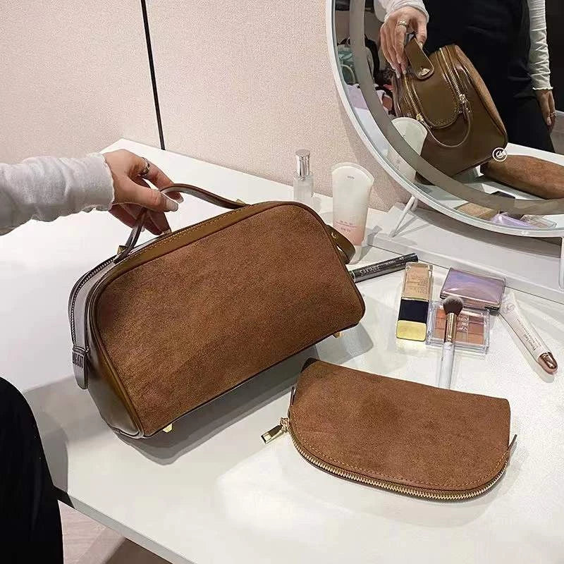 Cosmetics Bag for Women ⎜ Large Capacity with Suede Look and Practical Carrying Handle