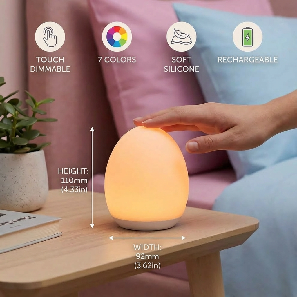 Egg-Shaped Silicone Night Light – Touch Control, 7-Colour Changing