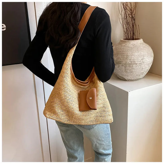Crochet Bag for Women ⎜ Colourful Cotton Shoulder Bag with Practical Additional Pocket