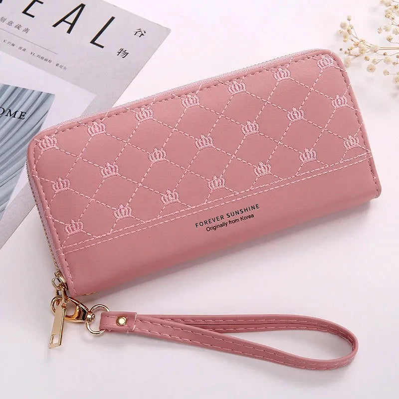 Women's Clutch with Crown Embroidery ⎜ Long Zip and Practical Design with Wrist Strap