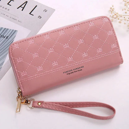 Women's Clutch with Crown Embroidery ⎜ Long Zip and Practical Design with Wrist Strap