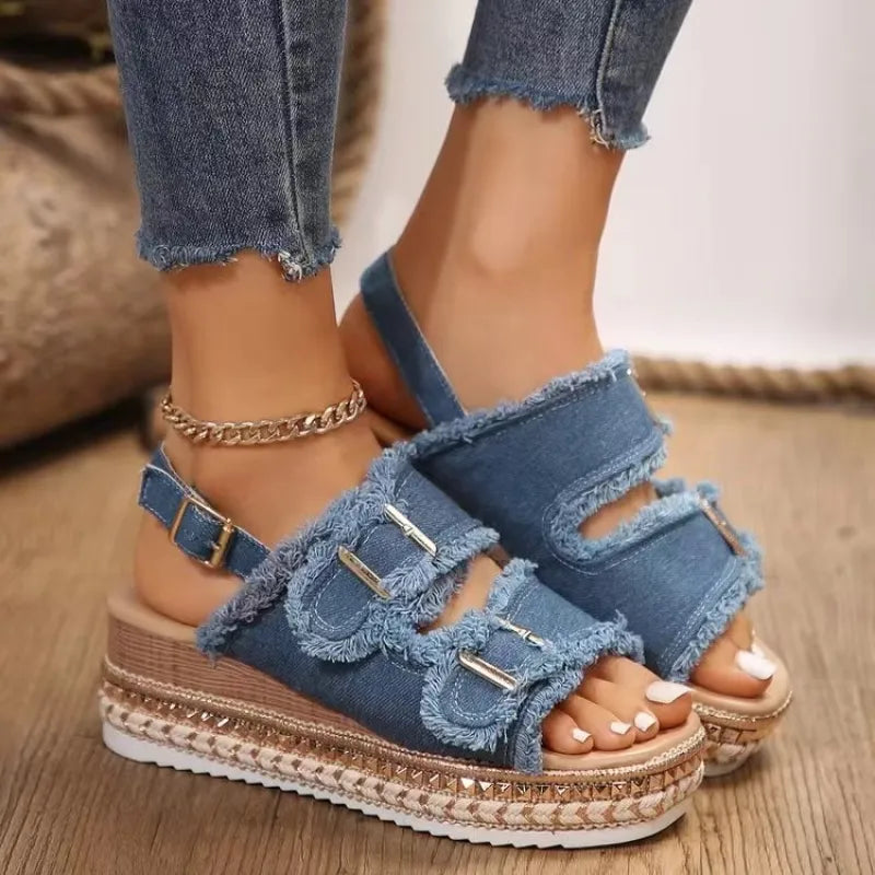 Women's Platform Sandals with Double Buckle ⎜ Stylish Summer Shoes with a Retro Look for the Beach and Leisure Time
