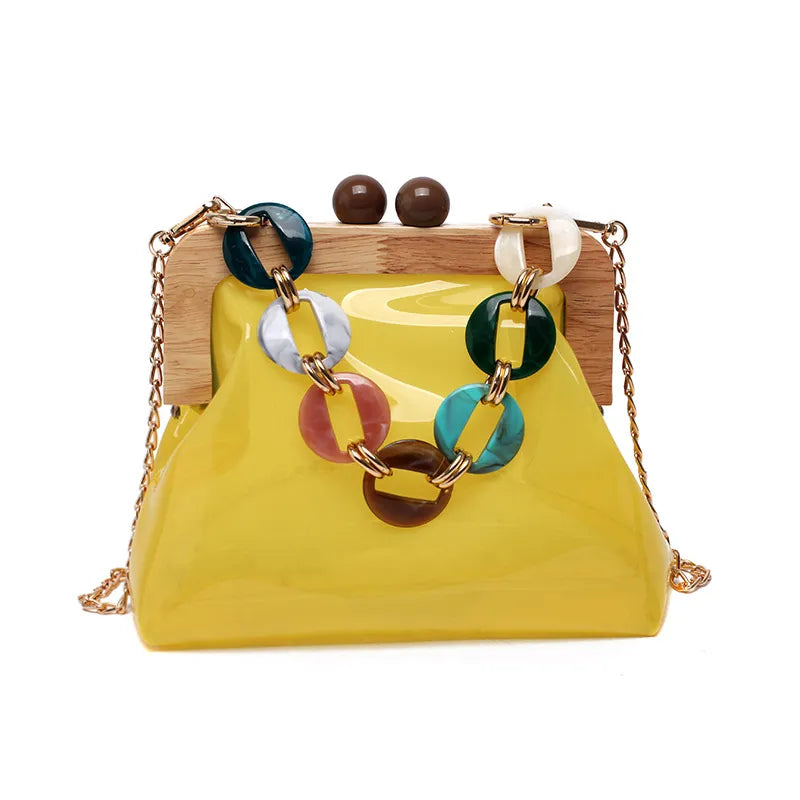 Transparent Shoulder Bag for Women ⎜ Fashionable Bag with Chain Detail and Wooden Clasp