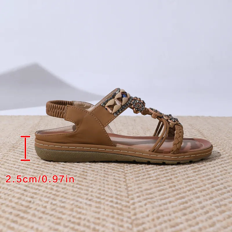Boho Sandals for Women ⎜ Comfortable Summer Shoes with Pearls , Rhinestones and Elasticated Strap in a Comfortable Size