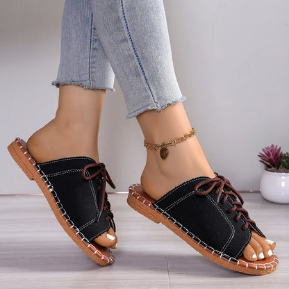 Summer Slip - on Shoes for Women ⎜ Comfortable Open Shoes with a Denim Look and Laces for Leisure and Everyday Wear