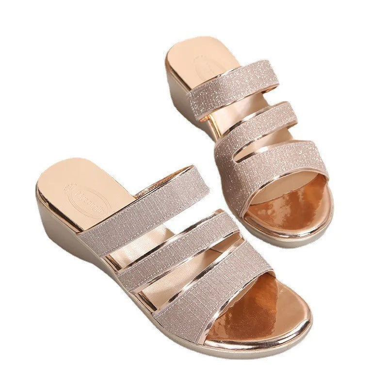 Women's Wedge Sandals with Glitter Straps ⎜ Elegant Summer Shoes with a Comfortable Heel and Non - Slip Sole