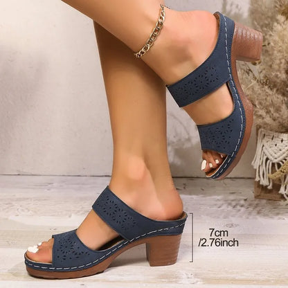 Women's Block Heel Sandals ⎜ Comfortable and Breathable Shoes with Perforated Details and Trendy Design