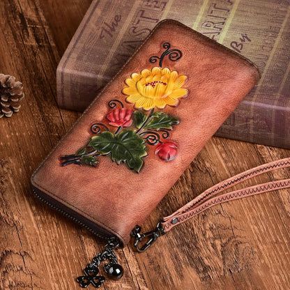 Women's Wallet with Zip ⎜ Retro Design with Floral Embossing and Practical Wrist Strap