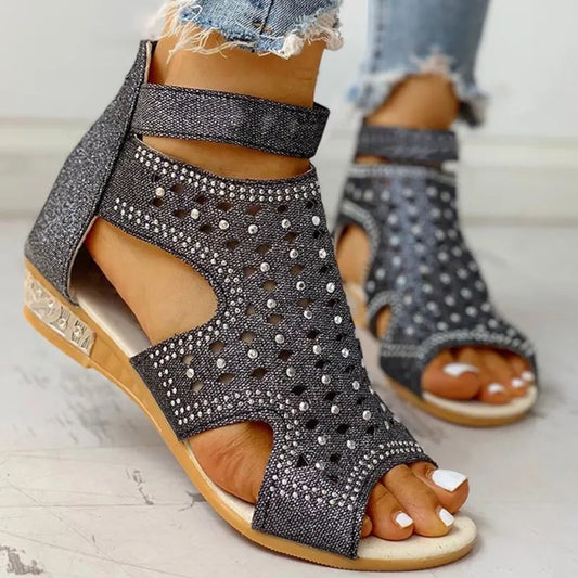Women's Wedge Sandals ⎜ Comfortable Summer Shoes with Rhinestones , Cut - Out Design and Adjustable Buckle