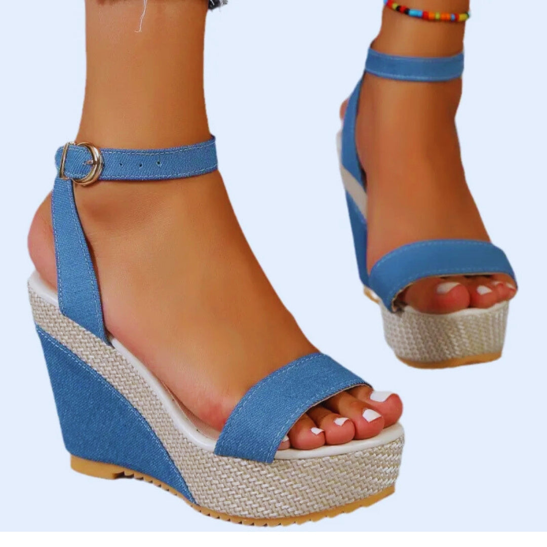 Women's Wedge Sandals ⎜ High Summer Shoes Made From Denim with Ankle Strap and Non - Slip Sole
