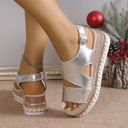 Women's Wedge Sandals ⎜ Comfortable Summer Shoes with an Elasticated Strap and Non - Slip Sole in a Metallic Look