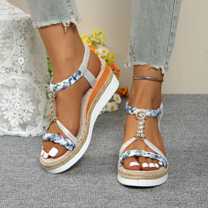 Women's Wedges with Braided Strap ⎜ Comfortable Sandals with Pearl Details and Fashionable Sole