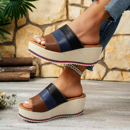 Women's Wedge Sandals with Block Heel ⎜ Comfortable Platform Loafers with Colour Block Design and Straps