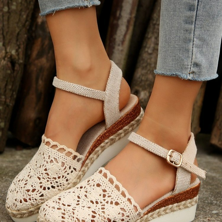 Women's Sandals with Buckle ⎜ Woven Design with Airy Cut - Outs for Summer and Leisure