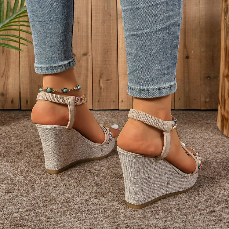 Women's Wedge Sandals ⎜ Comfortable Shoes with a Rattan Look and Sparkling Rhinestones