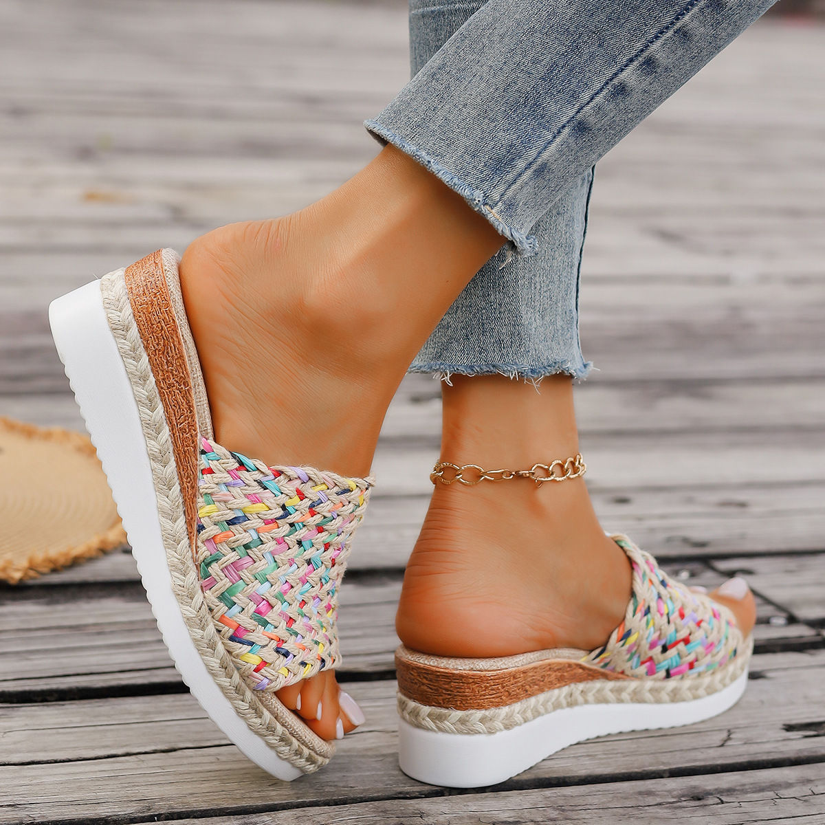Women's Colourful Wedge Slip - on Design ⎜ Comfortable Non - Slip Sandals with a Hemp Rope Look and Thick Heel