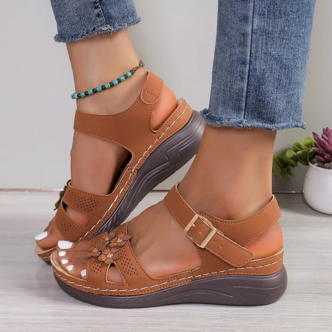 Women's Wedge Sandals ⎜ Comfortable Summer Shoes with Floral Appliqué and Non - Slip Sole for Everyday Wear
