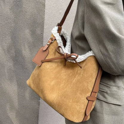 Retro Shoulder Bag for Women ⎜ Large Suede Bag with Soft Lining and Decorative Bow Fastening