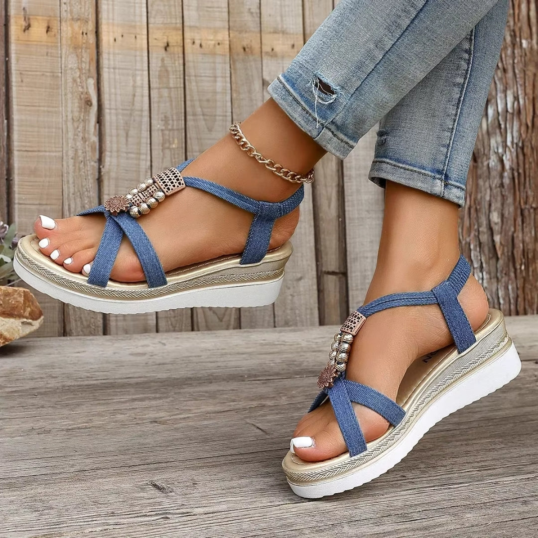 Women's Wedge Sandals ⎜ Open Summer Shoes with Pearl Embellishment and Comfortable Non - Slip Sole