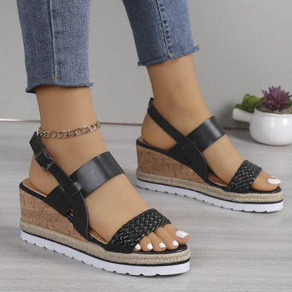Women's Wedge Sandals ⎜ Open Summer Shoes with Ankle Strap and Braided Sole in Comfort Width