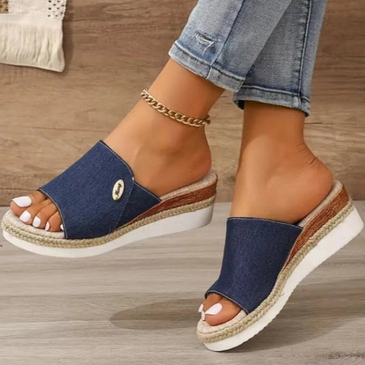 Platform Mules for Women ⎜ Comfortable Summer Shoes Made of Denim with Jute Edging and Open Toe