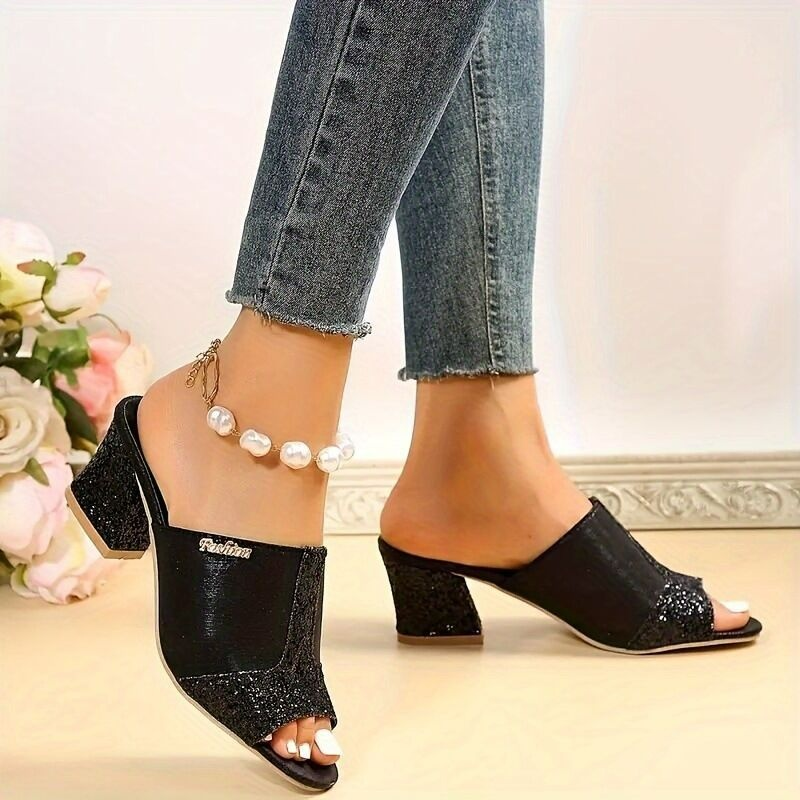 Women's Mules with Block Heel ⎜ Fashionable Sandals with Glitter Details and Open Toe Area
