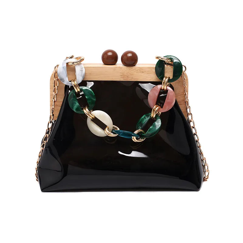 Transparent Shoulder Bag for Women ⎜ Fashionable Bag with Chain Detail and Wooden Clasp