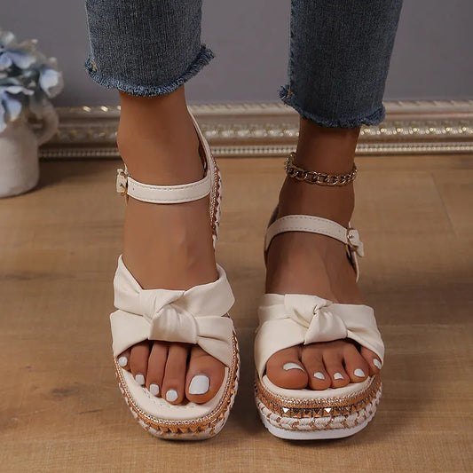 Women's Platform Sandals ⎜ Comfortable Summer Shoes with Bow and Adjustable Strap for Everyday Wear & Holidays