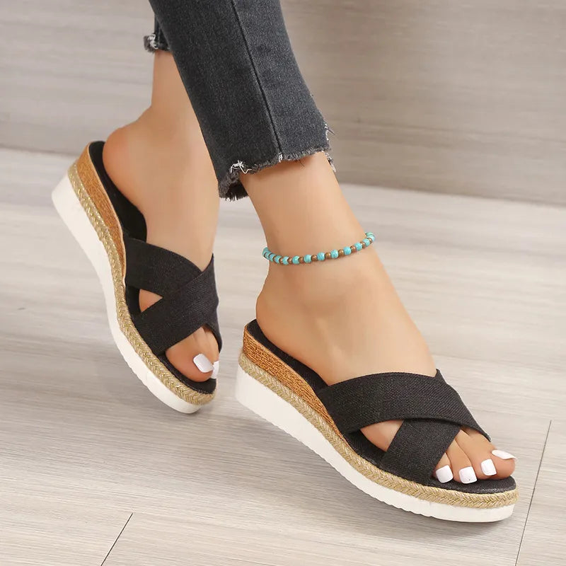 Women's Wedge Heel Slip - on Shoes ⎜ Comfortable Summer Shoes with Cross Straps and Open Design for Everyday Wear & Leisure