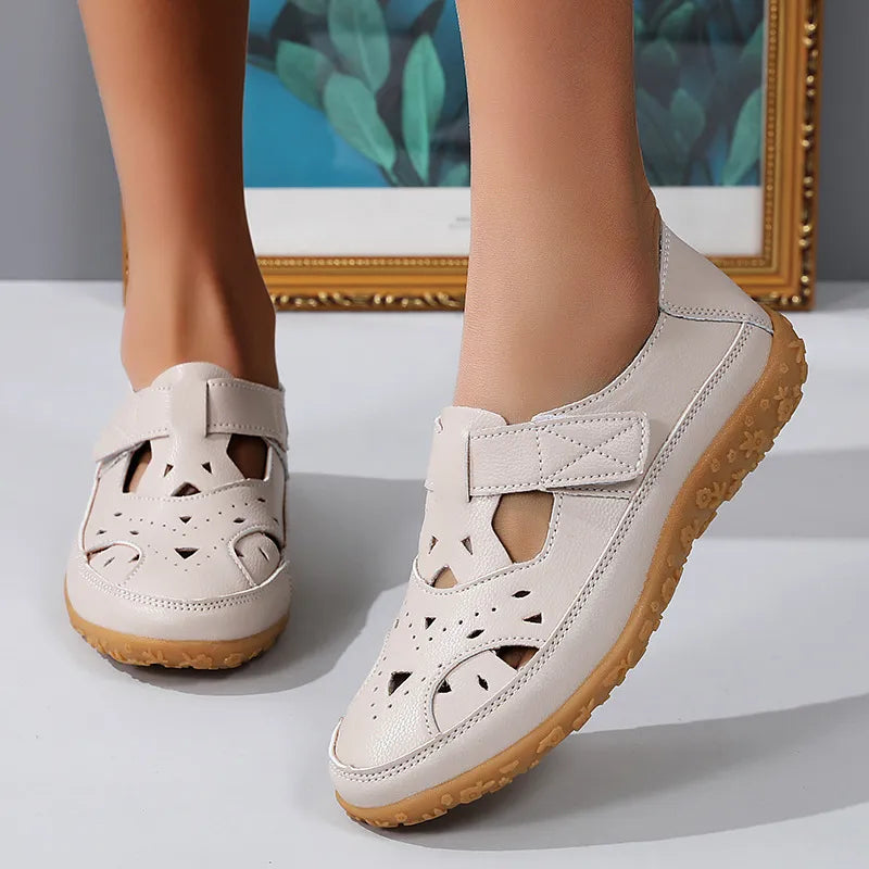 Women's Summer Shoes with Velcro Fastening ⎜ Comfortable Flats with Perforated Pattern and Non - Slip Sole