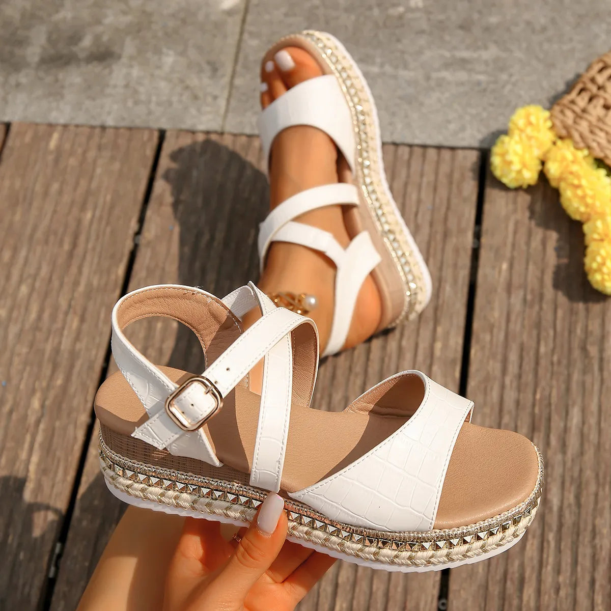 Women's Platform Sandals ⎜ Comfortable Summer Shoes with Adjustable Strap and Stylish Raffia Sole
