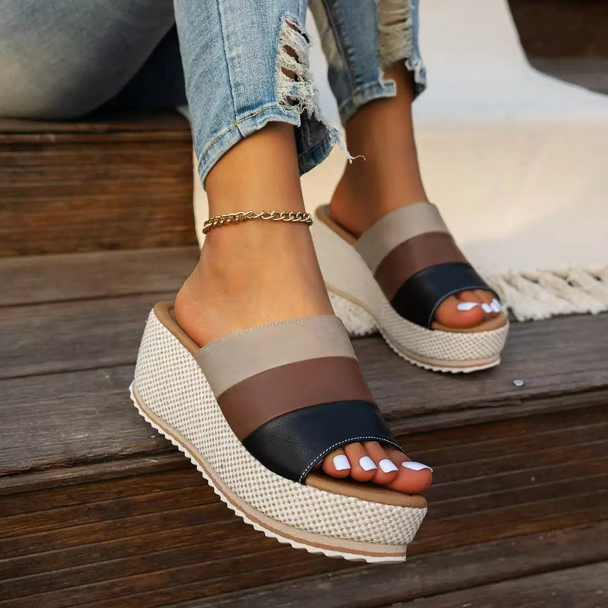 Women's Wedge Sandals with Block Heel ⎜ Comfortable Platform Loafers with Colour Block Design and Straps