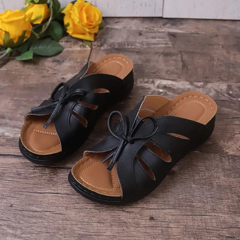 Women's Wedge Sandals ⎜ Comfortable Shoes with Bow Design and Airy Cut - Outs