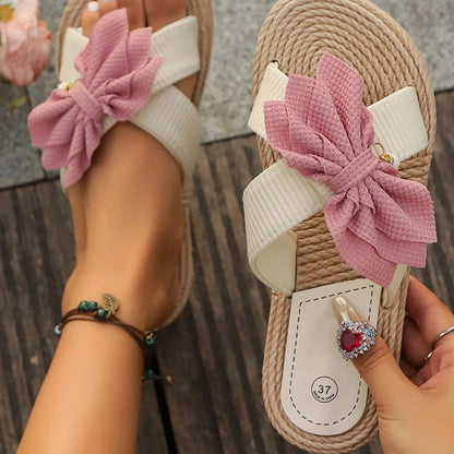 Women's Summer Mules ⎜ Comfortable Flat Slippers with Bow and Non - Slip Raffia Sole