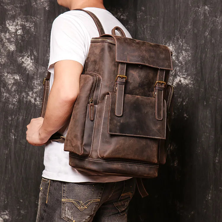 Laptop Backpack for Men ⎜ Large Leather Backpack with Side Pockets and Extra Storage Space for Travelling