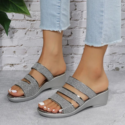 Women's Wedge Sandals with Glitter Straps ⎜ Elegant Summer Shoes with a Comfortable Heel and Non - Slip Sole