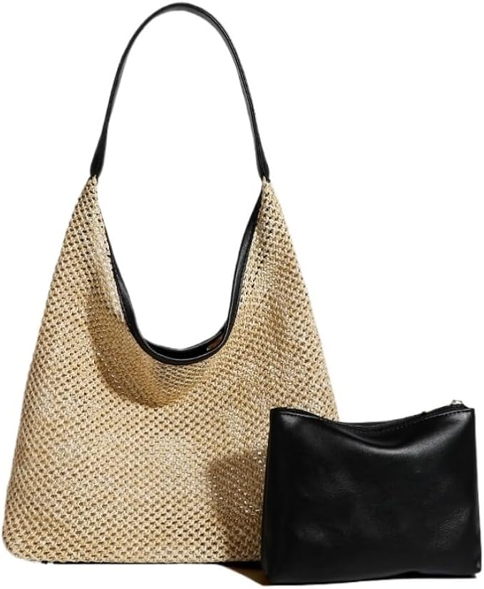 Beach Bag ⎜ Large Practical Shopper Bag Made of Woven Straw with Additional Pouch