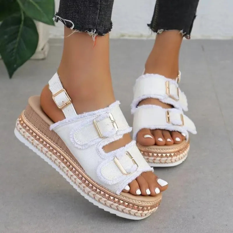 Women's Platform Sandals with Double Buckle ⎜ Stylish Summer Shoes with a Retro Look for the Beach and Leisure Time