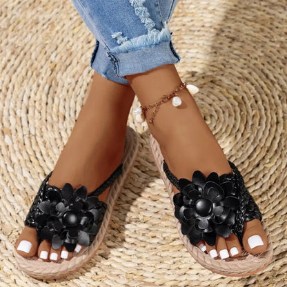 Colourful Women's Flip - Flops ⎜ Comfortable Summer Shoes with Floral Appliqués and Braided Design