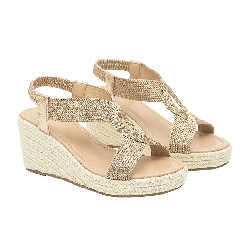 Women's Wedge Sandals with Platform ⎜ Elegant Summer Shoes with Elasticated Strap and Comfortable Raffia Sole