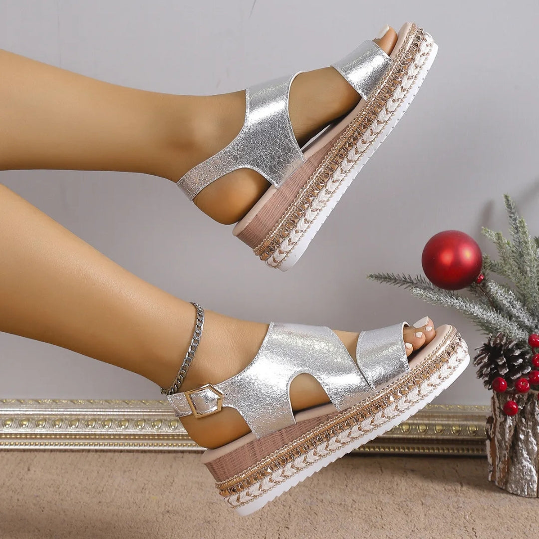 Women's Wedge Sandals ⎜ Comfortable Summer Shoes with an Elasticated Strap and Non - Slip Sole in a Metallic Look