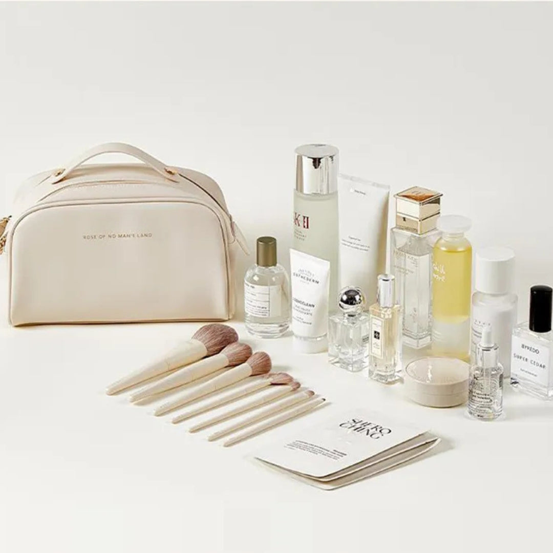 Cosmetics Bag for Women ⎜ Double Zip Design with Large Capacity and Elegant Carrying Handle