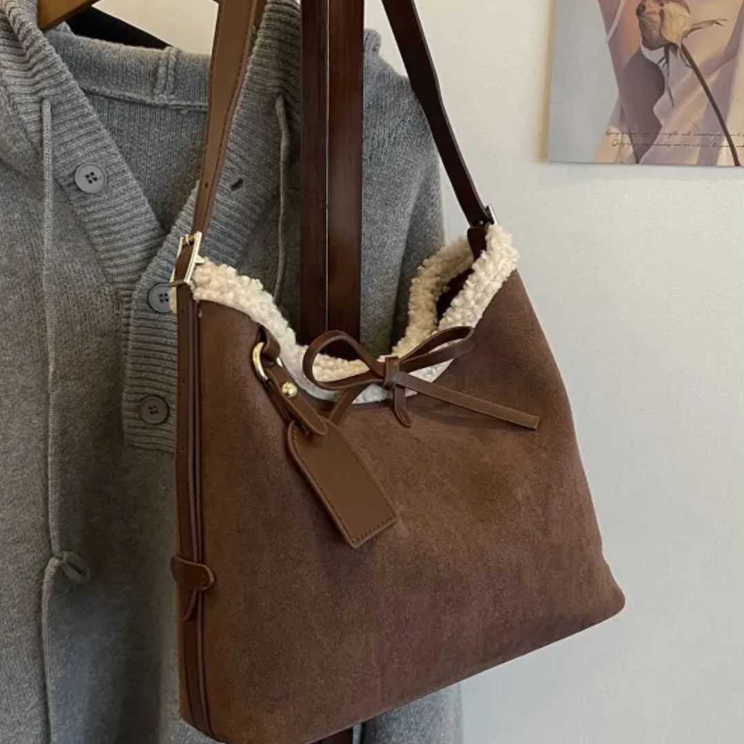 Retro Shoulder Bag for Women ⎜ Large Suede Bag with Soft Lining and Decorative Bow Fastening