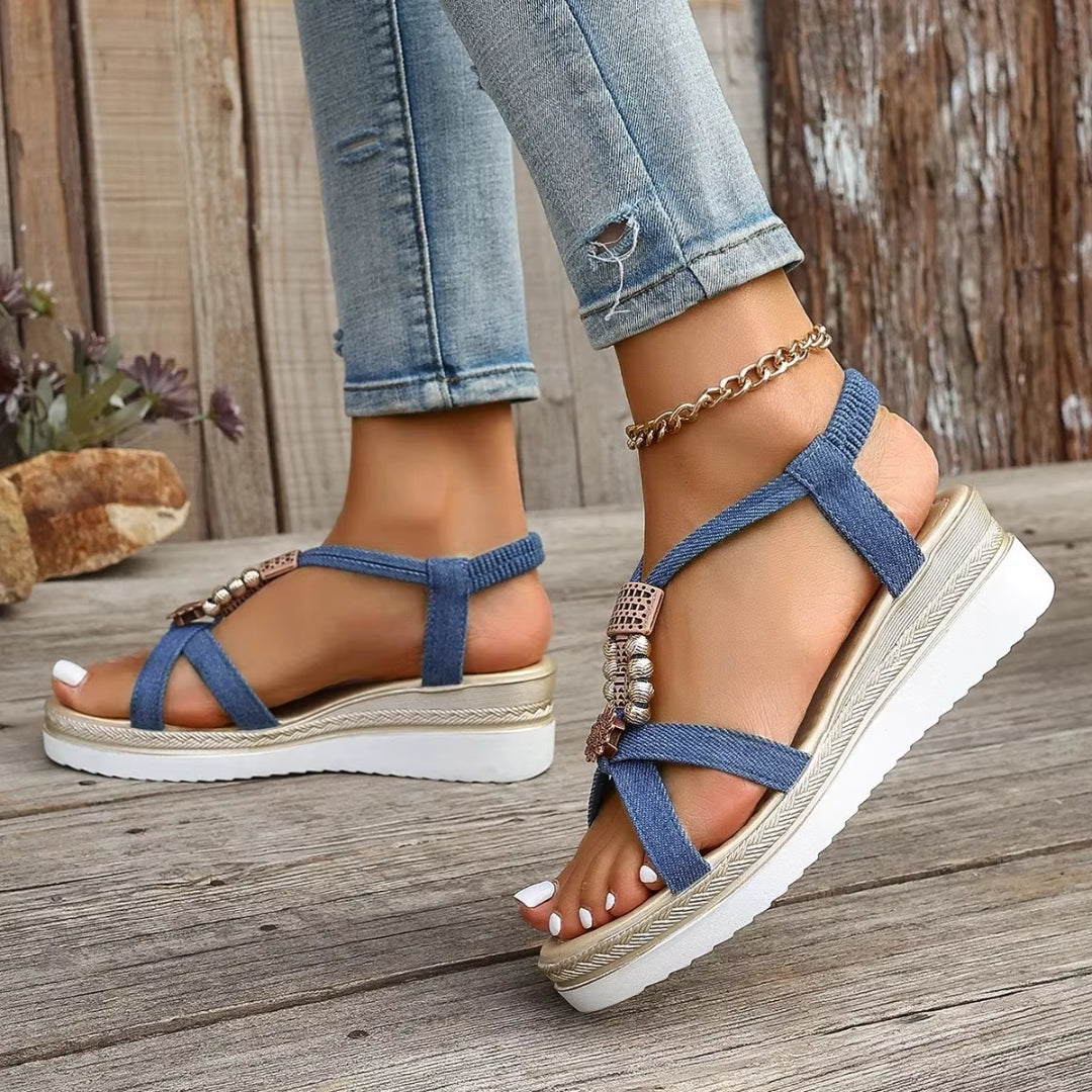 Women's Wedge Sandals ⎜ Open Summer Shoes with Pearl Embellishment and Comfortable Non - Slip Sole