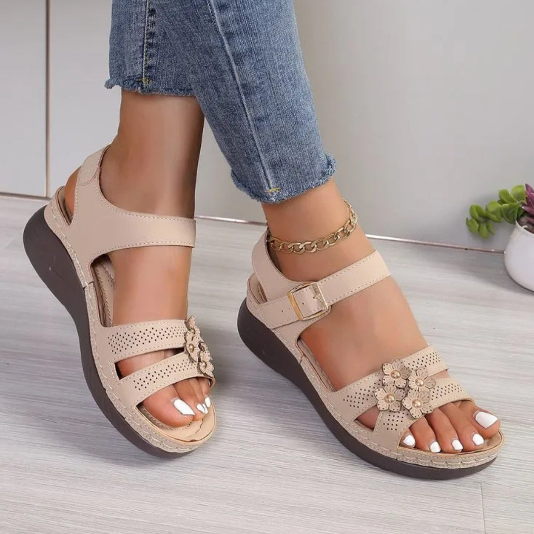 Women's Wedge Sandals ⎜ Comfortable Summer Shoes with Floral Appliqué and Non - Slip Sole for Everyday Wear