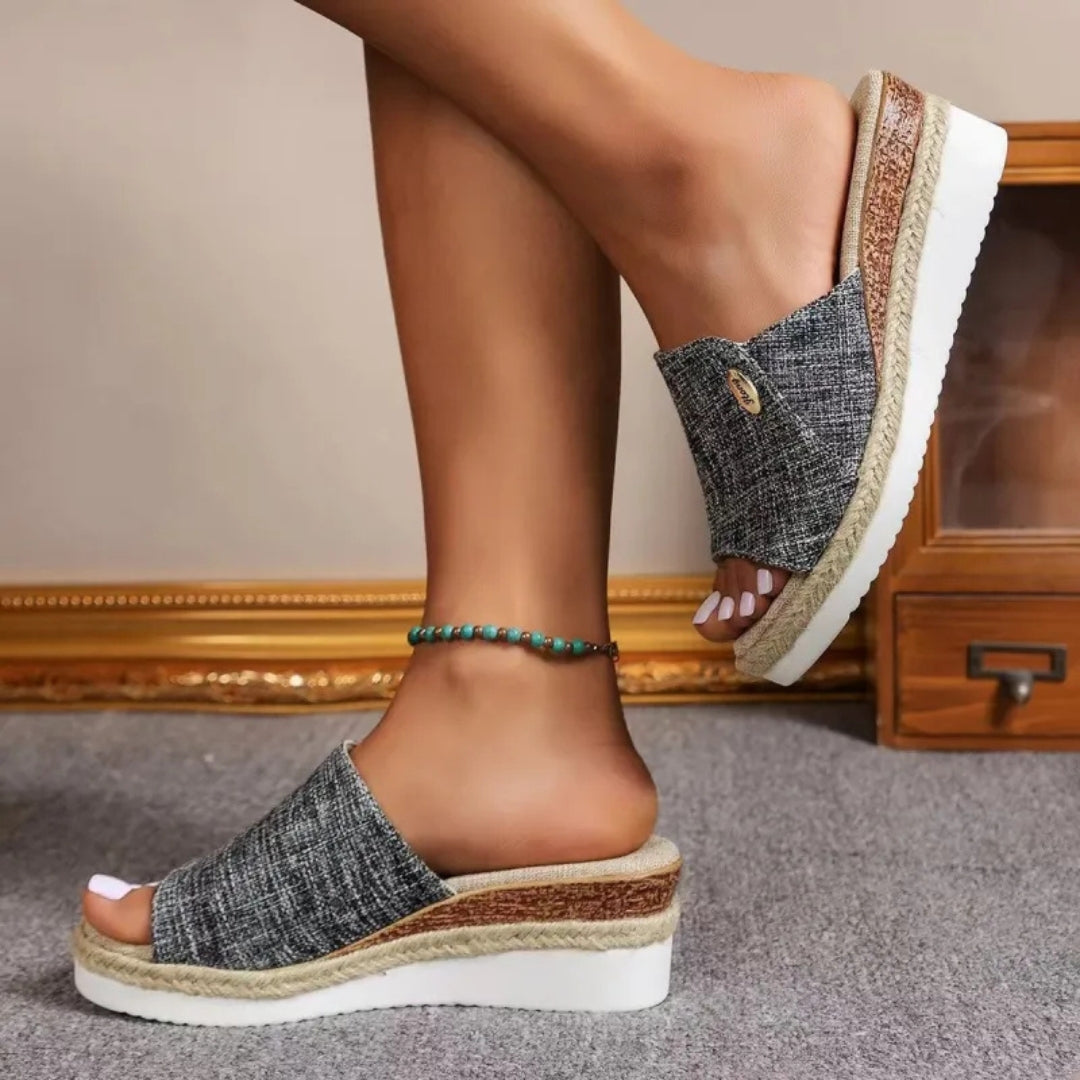 Platform Mules for Women ⎜ Comfortable Summer Shoes Made of Denim with Jute Edging and Open Toe