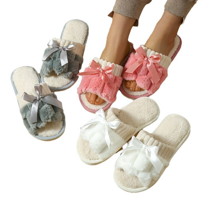 Ladies Plush Slippers with Bow Design ⎜ Comfortable Indoor Slippers with Soft Lining