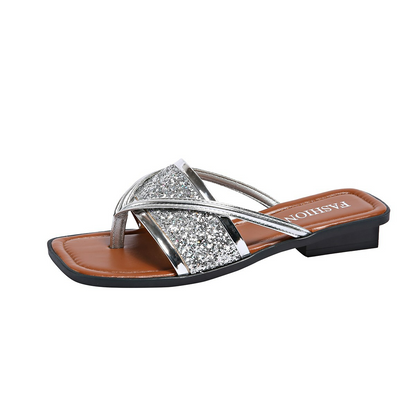 Women's Sandals with Glitter Details ⎜ Fashionable Flip - Flops with Cross Straps and Comfortable Block Heel