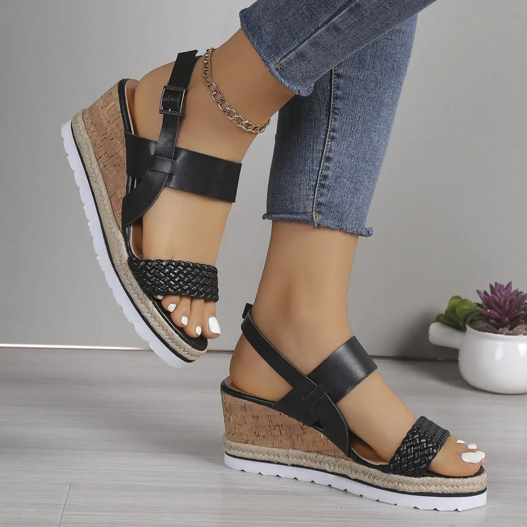 Women's Wedge Sandals ⎜ Open Summer Shoes with Ankle Strap and Braided Sole in Comfort Width